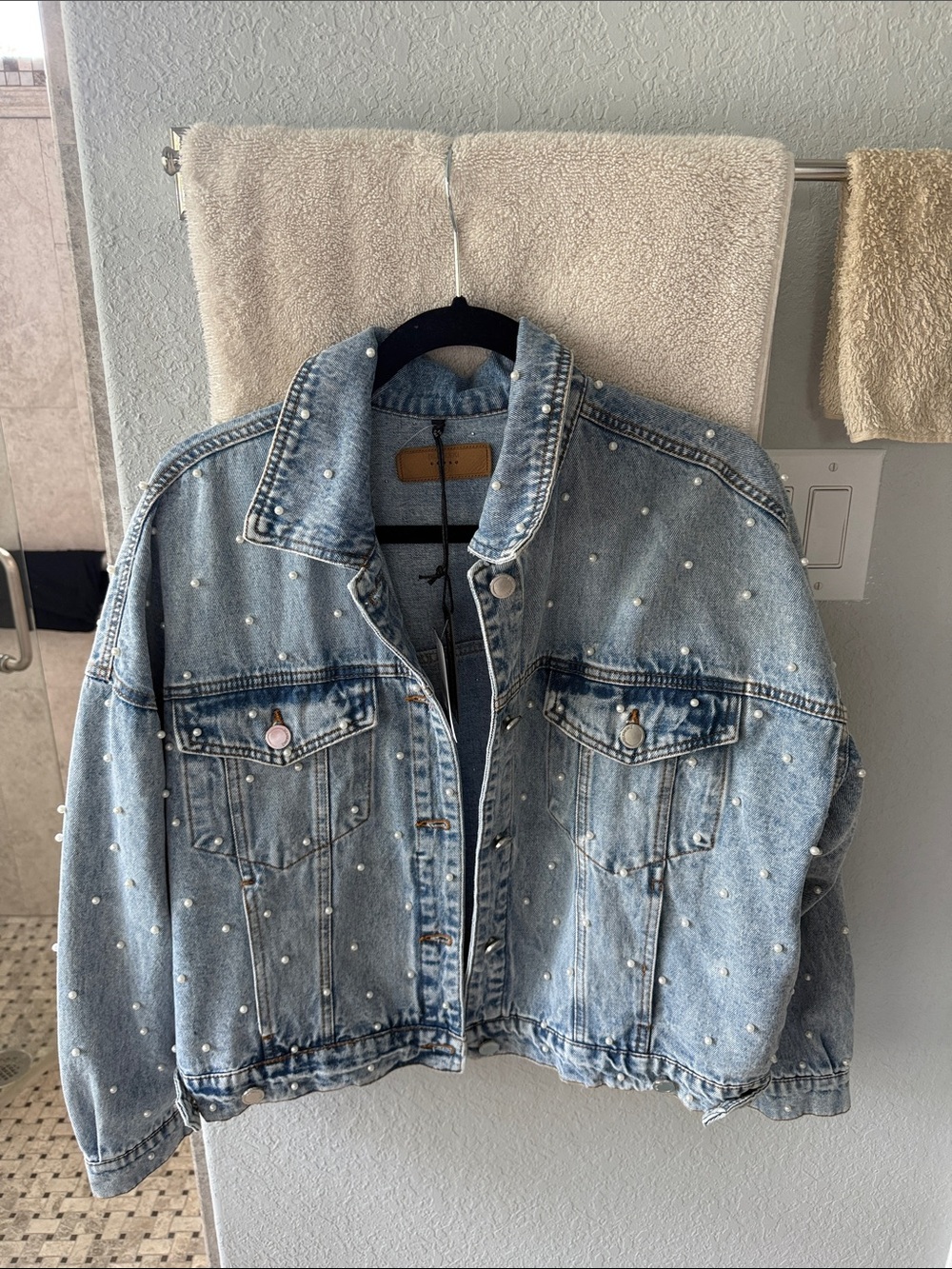 Blank NYC Pearl-Embellished Light Blue Denim Jacket